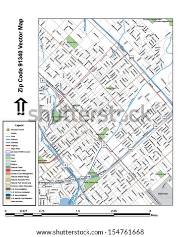 Vector map with summits, rivers, railroads, streets, lakes, parks, airports, stadiums, correctional facilities, military installations and federal lands by zip code 91340 with labels and clean layers.