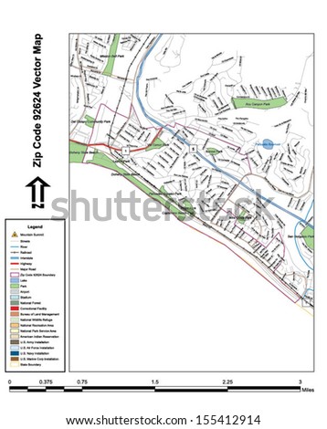 Vector map with summits, rivers, railroads, streets, lakes, parks, airports, stadiums, correctional facilities, military installations and federal lands by zip code 92624 with labels and clean layers.