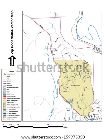 Vector map with summits, rivers, railroads, streets, lakes, parks, airports, stadiums, correctional facilities, military installations and federal lands by zip code 95064 with labels and clean layers.