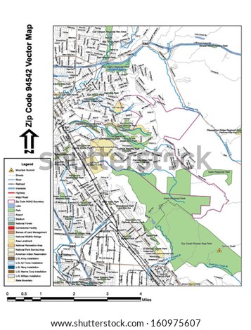 Vector map with summits, rivers, railroads, streets, lakes, parks, airports, stadiums, correctional facilities, military installations and federal lands by zip code 94542 with labels and clean layers.