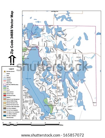 Vector map with summits, rivers, railroads, streets, lakes, parks, airports, stadiums, correctional facilities, military installations and federal lands by zip code 34688 with labels and clean layers.