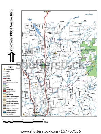 Vector map with summits, rivers, railroads, streets, lakes, parks, airports, stadiums, correctional facilities, military installations and federal lands by zip code 99003 with labels and clean layers.