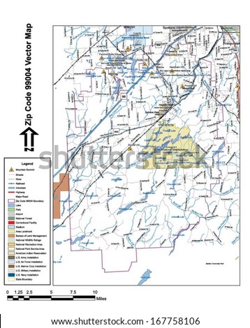 Vector map with summits, rivers, railroads, streets, lakes, parks, airports, stadiums, correctional facilities, military installations and federal lands by zip code 99004 with labels and clean layers.