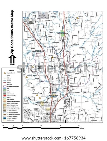 Vector map with summits, rivers, railroads, streets, lakes, parks, airports, stadiums, correctional facilities, military installations and federal lands by zip code 99005 with labels and clean layers.