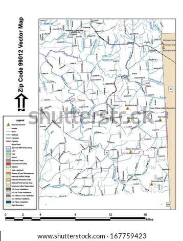 Vector map with summits, rivers, railroads, streets, lakes, parks, airports, stadiums, correctional facilities, military installations and federal lands by zip code 99012 with labels and clean layers.