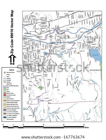Vector map with summits, rivers, railroads, streets, lakes, parks, airports, stadiums, correctional facilities, military installations and federal lands by zip code 99016 with labels and clean layers.
