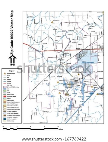 Vector map with summits, rivers, railroads, streets, lakes, parks, airports, stadiums, correctional facilities, military installations and federal lands by zip code 99022 with labels and clean layers.