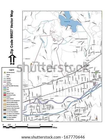 Vector map with summits, rivers, railroads, streets, lakes, parks, airports, stadiums, correctional facilities, military installations and federal lands by zip code 99027 with labels and clean layers.