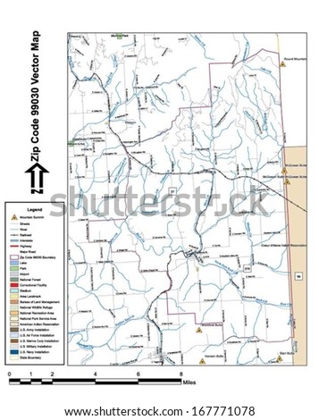 Vector map with summits, rivers, railroads, streets, lakes, parks, airports, stadiums, correctional facilities, military installations and federal lands by zip code 99030 with labels and clean layers.