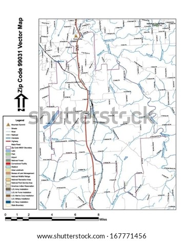 Vector map with summits, rivers, railroads, streets, lakes, parks, airports, stadiums, correctional facilities, military installations and federal lands by zip code 99031 with labels and clean layers.