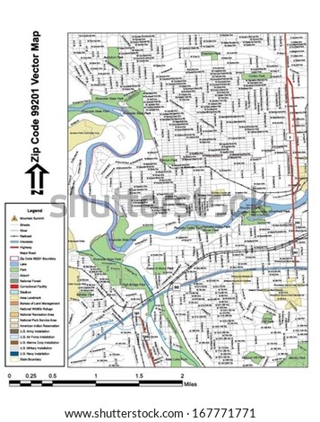 Vector map with summits, rivers, railroads, streets, lakes, parks, airports, stadiums, correctional facilities, military installations and federal lands by zip code 99201 with labels and clean layers.