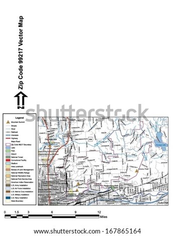 Vector map with summits, rivers, railroads, streets, lakes, parks, airports, stadiums, correctional facilities, military installations and federal lands by zip code 99217 with labels and clean layers.