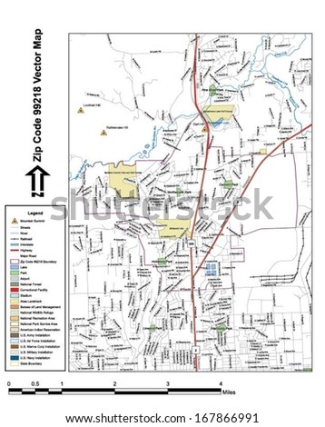 Vector map with summits, rivers, railroads, streets, lakes, parks, airports, stadiums, correctional facilities, military installations and federal lands by zip code 99218 with labels and clean layers.