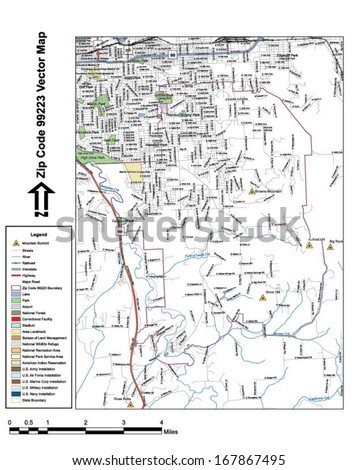 Vector map with summits, rivers, railroads, streets, lakes, parks, airports, stadiums, correctional facilities, military installations and federal lands by zip code 99223 with labels and clean layers.