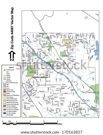 Vector map with summits, rivers, railroads, streets, lakes, parks, airports, stadiums, correctional facilities, military installations and federal lands by zip code 44087 with labels and clean layers.