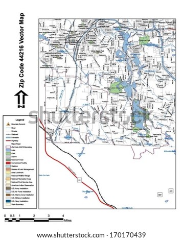 Vector map with summits, rivers, railroads, streets, lakes, parks, airports, stadiums, correctional facilities, military installations and federal lands by zip code 44216 with labels and clean layers.