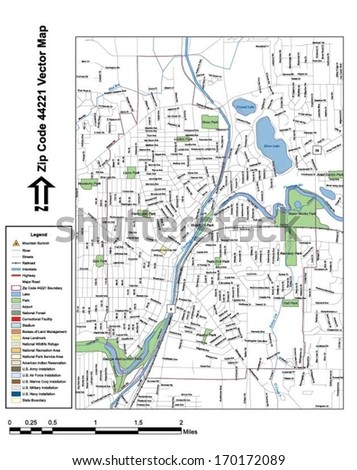 Vector map with summits, rivers, railroads, streets, lakes, parks, airports, stadiums, correctional facilities, military installations and federal lands by zip code 44221 with labels and clean layers.