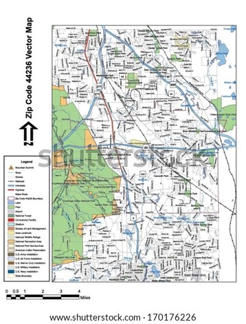 Vector map with summits, rivers, railroads, streets, lakes, parks, airports, stadiums, correctional facilities, military installations and federal lands by zip code 44236 with labels and clean layers.