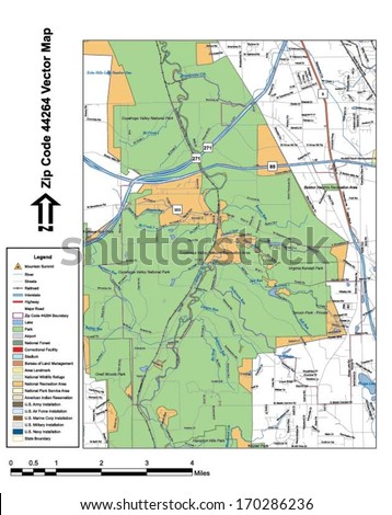 Vector map with summits, rivers, railroads, streets, lakes, parks, airports, stadiums, correctional facilities, military installations and federal lands by zip code 44264 with labels and clean layers.