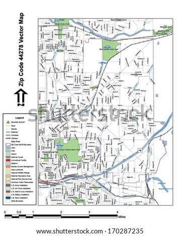 Vector map with summits, rivers, railroads, streets, lakes, parks, airports, stadiums, correctional facilities, military installations and federal lands by zip code 44278 with labels and clean layers.