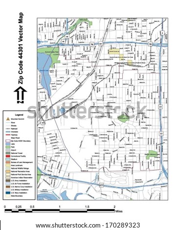 Vector map with summits, rivers, railroads, streets, lakes, parks, airports, stadiums, correctional facilities, military installations and federal lands by zip code 44301 with labels and clean layers.