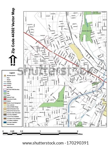 Vector map with summits, rivers, railroads, streets, lakes, parks, airports, stadiums, correctional facilities, military installations and federal lands by zip code 44302 with labels and clean layers.