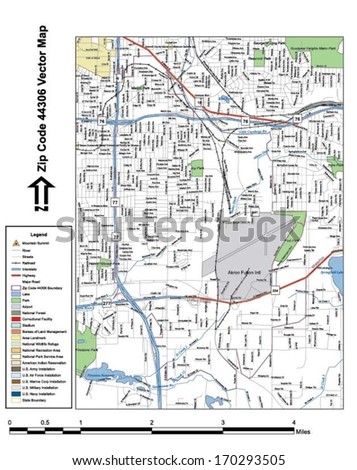Vector map with summits, rivers, railroads, streets, lakes, parks, airports, stadiums, correctional facilities, military installations and federal lands by zip code 44306 with labels and clean layers.