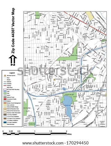 Vector map with summits, rivers, railroads, streets, lakes, parks, airports, stadiums, correctional facilities, military installations and federal lands by zip code 44307 with labels and clean layers.