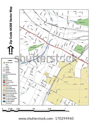 Vector map with summits, rivers, railroads, streets, lakes, parks, airports, stadiums, correctional facilities, military installations and federal lands by zip code 44308 with labels and clean layers.