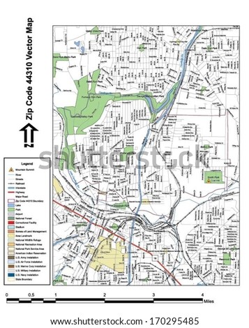 Vector map with summits, rivers, railroads, streets, lakes, parks, airports, stadiums, correctional facilities, military installations and federal lands by zip code 44310 with labels and clean layers.