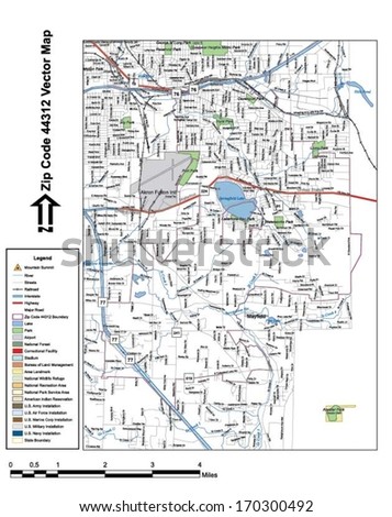 Vector map with summits, rivers, railroads, streets, lakes, parks, airports, stadiums, correctional facilities, military installations and federal lands by zip code 44312 with labels and clean layers.