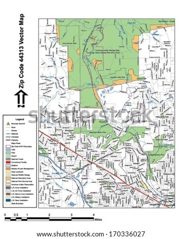 Vector map with summits, rivers, railroads, streets, lakes, parks, airports, stadiums, correctional facilities, military installations and federal lands by zip code 44313 with labels and clean layers.