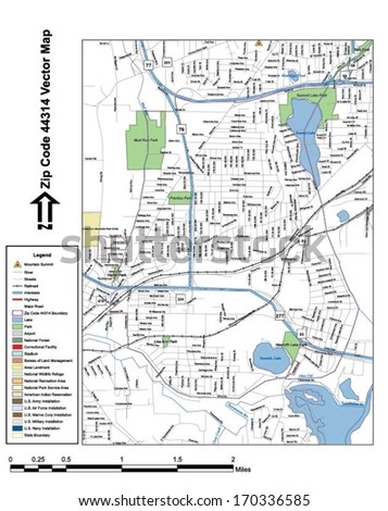 Vector map with summits, rivers, railroads, streets, lakes, parks, airports, stadiums, correctional facilities, military installations and federal lands by zip code 44314 with labels and clean layers.