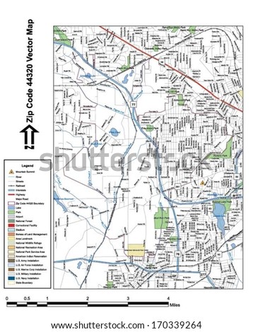 Vector map with summits, rivers, railroads, streets, lakes, parks, airports, stadiums, correctional facilities, military installations and federal lands by zip code 44320 with labels and clean layers.