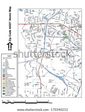 Vector map with summits, rivers, railroads, streets, lakes, parks, airports, stadiums, correctional facilities, military installations and federal lands by zip code 44321 with labels and clean layers.