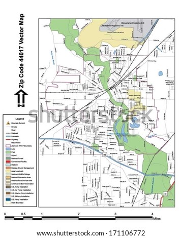 Vector map with summits, rivers, railroads, streets, lakes, parks, airports, stadiums, correctional facilities, military installations and federal lands by zip code 44017 with labels and clean layers.