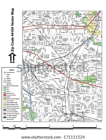 Vector map with summits, rivers, railroads, streets, lakes, parks, airports, stadiums, correctional facilities, military installations and federal lands by zip code 44104 with labels and clean layers.