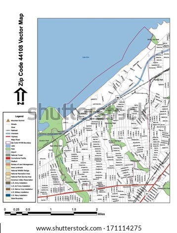 Vector map with summits, rivers, railroads, streets, lakes, parks, airports, stadiums, correctional facilities, military installations and federal lands by zip code 44108 with labels and clean layers.