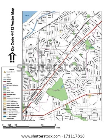 Vector map with summits, rivers, railroads, streets, lakes, parks, airports, stadiums, correctional facilities, military installations and federal lands by zip code 44112 with labels and clean layers.