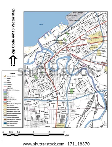 Vector map with summits, rivers, railroads, streets, lakes, parks, airports, stadiums, correctional facilities, military installations and federal lands by zip code 44113 with labels and clean layers.