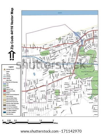 Vector map with summits, rivers, railroads, streets, lakes, parks, airports, stadiums, correctional facilities, military installations and federal lands by zip code 44116 with labels and clean layers.