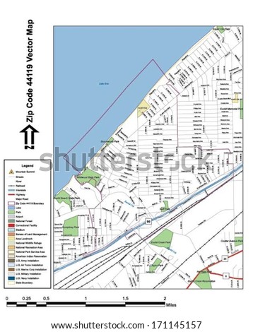 Vector map with summits, rivers, railroads, streets, lakes, parks, airports, stadiums, correctional facilities, military installations and federal lands by zip code 44119 with labels and clean layers.