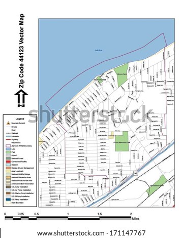 Vector map with summits, rivers, railroads, streets, lakes, parks, airports, stadiums, correctional facilities, military installations and federal lands by zip code 44123 with labels and clean layers.