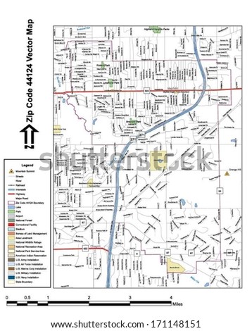 Vector map with summits, rivers, railroads, streets, lakes, parks, airports, stadiums, correctional facilities, military installations and federal lands by zip code 44124 with labels and clean layers.