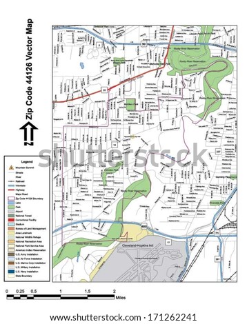 Vector map with summits, rivers, railroads, streets, lakes, parks, airports, stadiums, correctional facilities, military installations and federal lands by zip code 44126 with labels and clean layers.