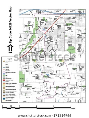 Vector map with summits, rivers, railroads, streets, lakes, parks, airports, stadiums, correctional facilities, military installations and federal lands by zip code 44129 with labels and clean layers.