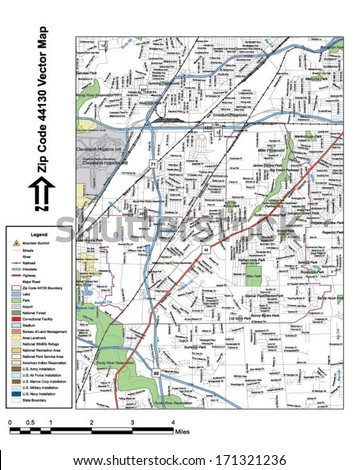 Vector map with summits, rivers, railroads, streets, lakes, parks, airports, stadiums, correctional facilities, military installations and federal lands by zip code 44130 with labels and clean layers.