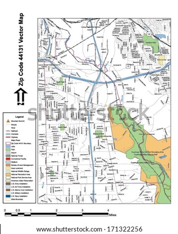 Vector map with summits, rivers, railroads, streets, lakes, parks, airports, stadiums, correctional facilities, military installations and federal lands by zip code 44131 with labels and clean layers.