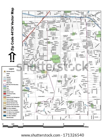 Vector map with summits, rivers, railroads, streets, lakes, parks, airports, stadiums, correctional facilities, military installations and federal lands by zip code 44134 with labels and clean layers.