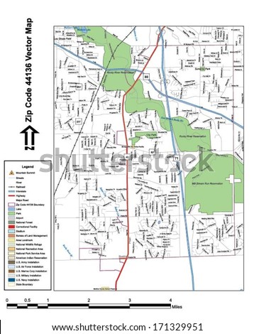 Vector map with summits, rivers, railroads, streets, lakes, parks, airports, stadiums, correctional facilities, military installations and federal lands by zip code 44136 with labels and clean layers.